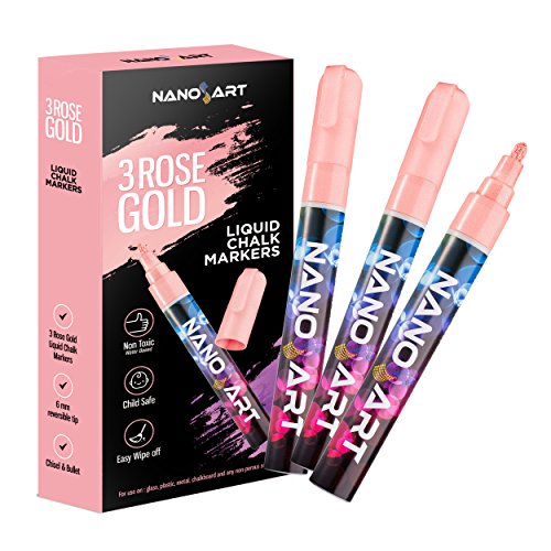 Product Cover Nanoart Rose Gold Premium Pack Of 3 Liquid Chalk Markers 6mm Reversible Tip Pens - Exclusive Rose Gold Metallic Color - Child Safe (Non Toxic), Dry Erase, Odorless,Vibrant Water Based Ink