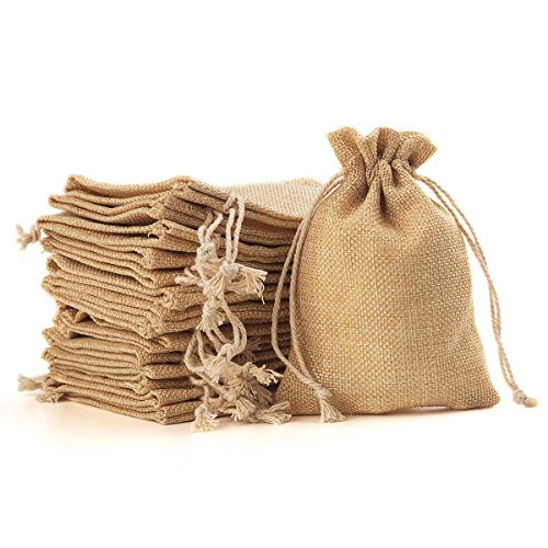 Product Cover YUXIER Burlap Bags with Drawstring Party Favor Bags for Wedding Decorations, Storage Arts Crafts Projects, Presents, Snacks, Jewelry Candy Christmas 5.3 x 3.7inch (Flaxen) Pack of 100 Small Gift Bags