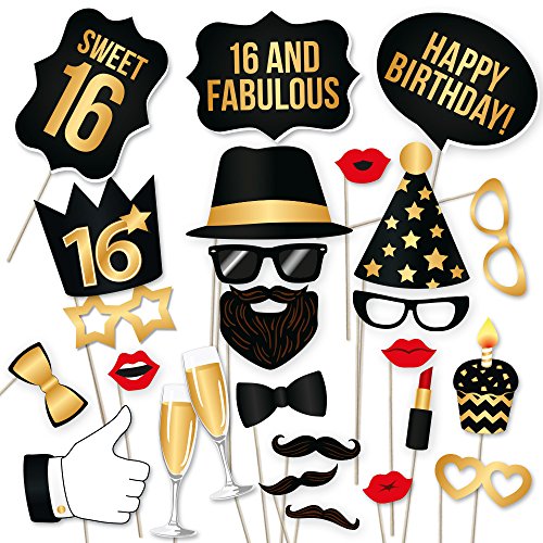 Product Cover 16th Birthday Photo Booth Props by PartyGraphix. DIY 16th Birthday Party Props Kit (34 Count, Black and Gold)