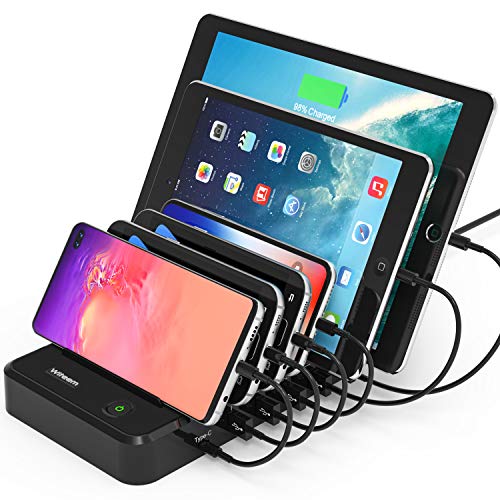Product Cover Witeem Quick Charge and Smart 6-Port USB Charging Station with USB Type C Port, Universal Charging Desktop Docks Organizer for Smartphones, Tablets, Black