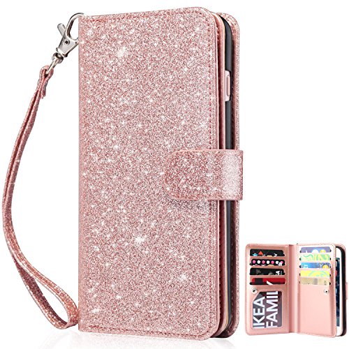 Product Cover Dailylux iPhone 8 Case, iPhone 7 Wallet Case,Premium PU Leather+TPU inner shell Flip Case With 9 Card Slot Luxury Bling Cover for Apple iPhone 7/8 4.7 inch Women/Girls-Glitter Rose Gold