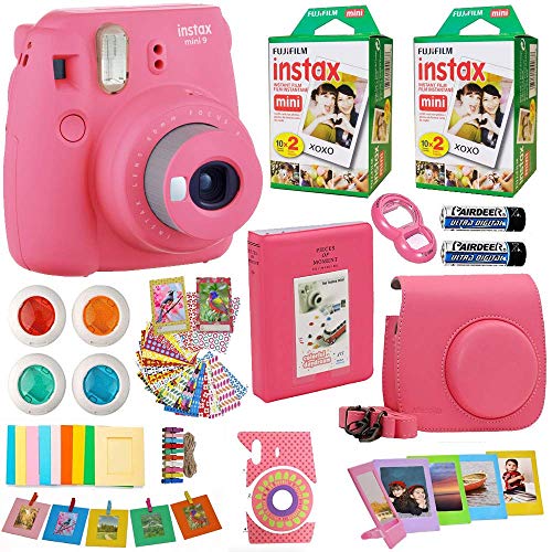 Product Cover Fujifilm Instax Mini 9 Instant Camera Flamingo Pink + Fuji Instax Film Twin Pack (20PK) +Pink Camera Case + Frames + Photo Album + 4 Color Filters More Top Accessories Bundle