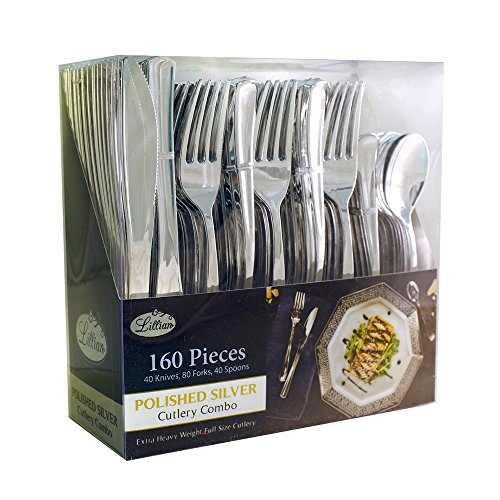 Product Cover Plastic Cutlery Silverware Extra Heavyweight Disposable Flatware, Full Size Cutlery Combo, Polished Silver, 80 Forks, 40 Spoons, 40 Knifes, Value Pack 160 Count