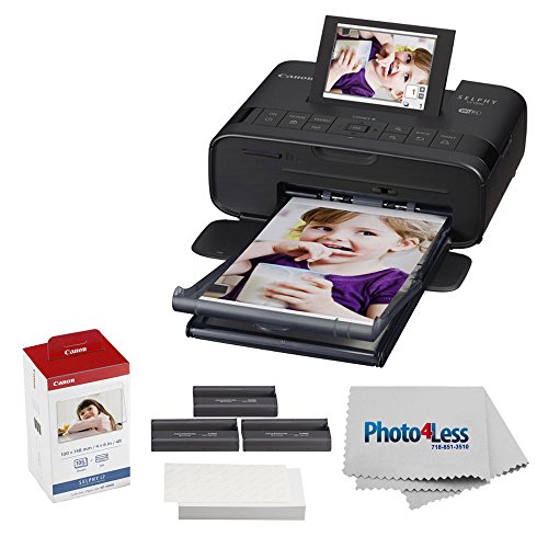 Product Cover Canon SELPHY CP1300 Compact Photo Printer (Black) +Canon KP-108IN Color Ink and Paper Set +Photo4Less Cleaning Cloth - Deluxe Value Printer Bundle