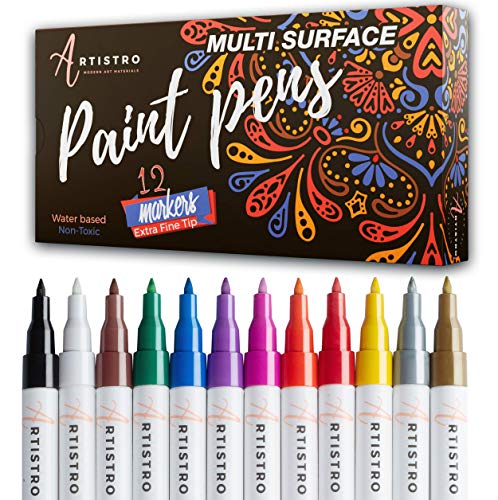 Product Cover Paint pens for Rock Painting, Stone, Ceramic, Glass, Wood, Canvas. Set of 12 Acrylic Paint Markers Extra-fine tip