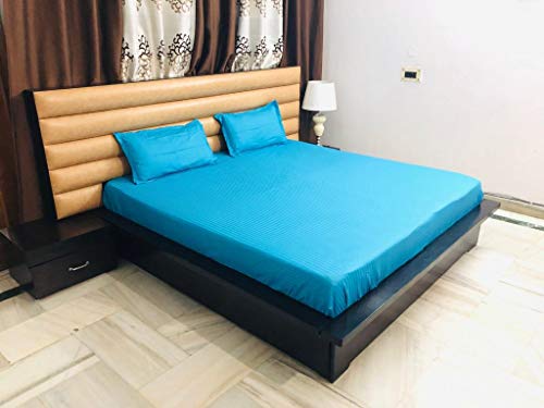 Product Cover Reliable 300 TC Plain Stripe King Size Elastic Fitted Cotton Bedsheets, Turquoise