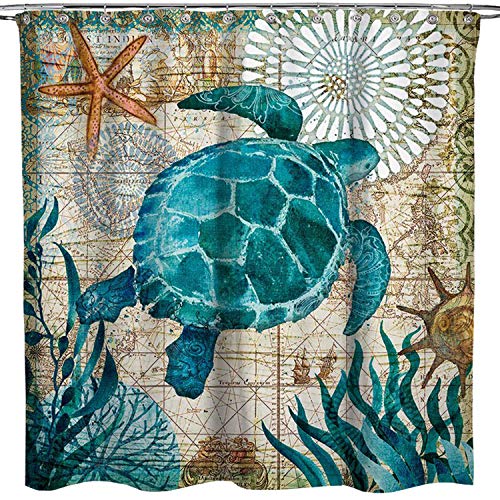 Product Cover ECONIE Sea Turtle Shower Curtain Beach Theme Ocean Decor Bathroom Creature Landscape Shower Curtain Sets Vintage Polyester Fabric Waterproof for Bathroom Accessories with 12 Hooks,71 x 71(13)