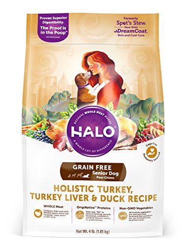 Product Cover Halo Grain Free Natural Dry Dog Food, Senior Turkey, Turkey Liver & Duck Recipe, 4-Pound Bag
