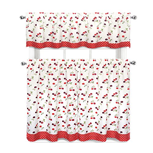 Product Cover Regal Home Collections Complete 3 Pc. Kitchen Curtain Tier &, Valance Set, Cherries & Polka Dots