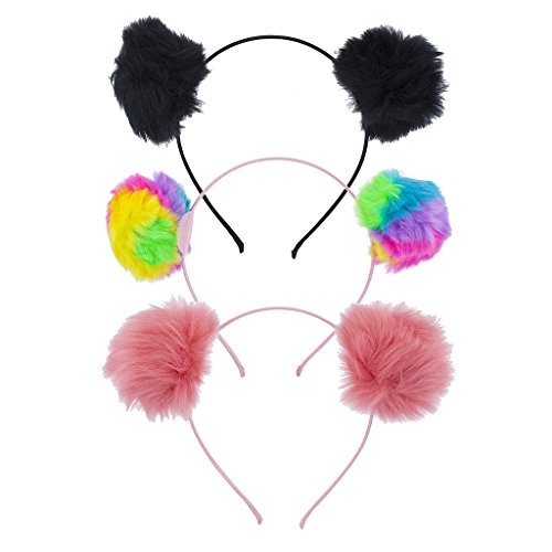 Product Cover Lux Accessories Multicolor Tie Dye Fuzzy Pom Pom Ball Cat Ear Headband Set (3pc)