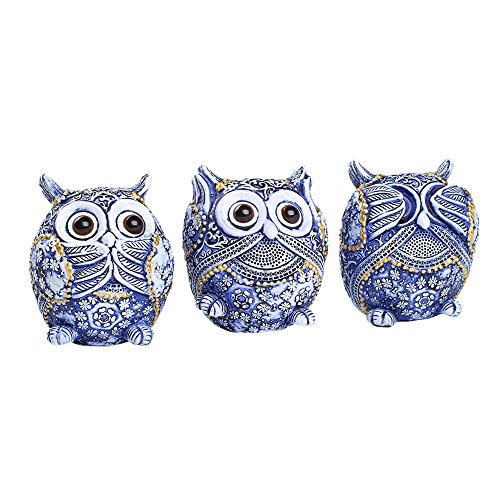 Product Cover FAMICOZY Owl Figurine with Different Gestures,Cute Owl Statue,Adorable Decoration for Home Office Set of 3,Blue