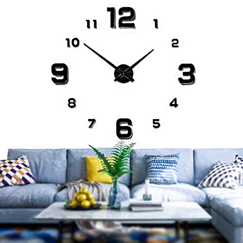 Product Cover Mintime Modern Frameless DIY Wall Clock Large 3D Wall Watch Mirror Numbers for Home Office Decorations (2-Year Warranty) (Black-005)