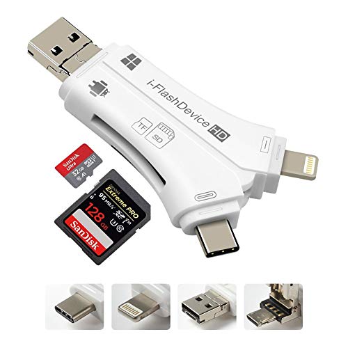 Product Cover SD Card Reader, 4 in 1 i Flash Drive USB Micro SD &TF Card Reader Adapter for iPhone iPad Mac Android (white)