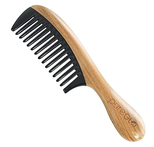 Product Cover Wide Tooth Hair Comb - pureGLO No Static Detangling Wooden Combs - Natural Aroma Green Sandalwood Buffalo Horn Detangler Comb for Men Women and Kids