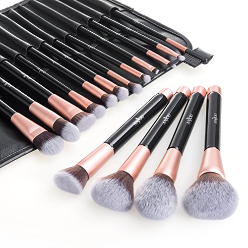 Product Cover Makeup Brushes, Anjou 16pcs Makeup Brush Set, Premium Cosmetic Brushes for Foundation Blending Blush Concealer Eye Shadow, Cruelty-Free Synthetic Fiber Bristles, PU Leather Roll Clutch Included, Rose