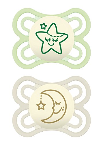 Product Cover MAM Perfect Night Pacifiers, Glow in the Dark Pacifiers (2 pack) MAM Pacifiers 0-6 Months, Best Pacifier for Breastfed Babies, Unisex Baby Pacifier, Green and Gray