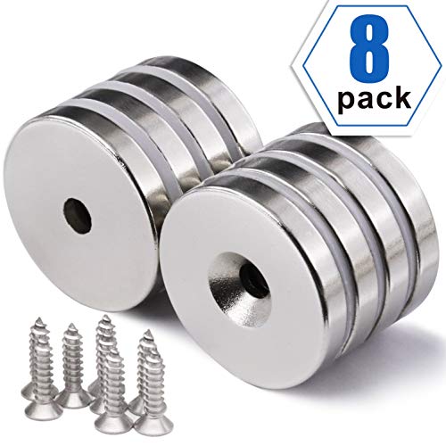 Product Cover 1.26 inch x 0.2 inch Neodymium Disc Countersunk Hole Magnets. Strong Permanent Rare Earth Magnets with Screws - Pack of 8