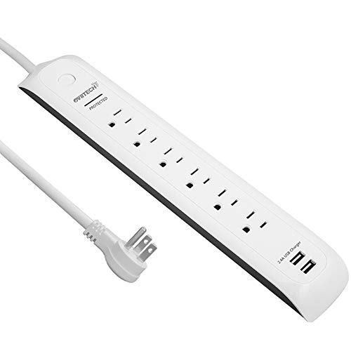 Product Cover Surge Protector Power Strip 6 AC Outlets with 2 Smart USB Charging Ports(2.4A), OviiTech, Flat Plug,4 Foot Heavy Duty Extension Power Cord, USB Multi Outlets, White.