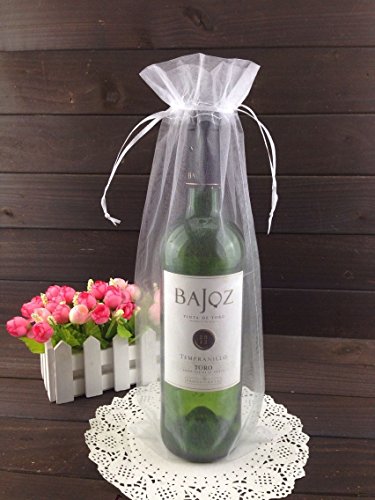 Product Cover 50pcs Organza Wine Bottle Cover Wrap Gift Bags Christmas/Wedding Plain Organza Pouch (White)