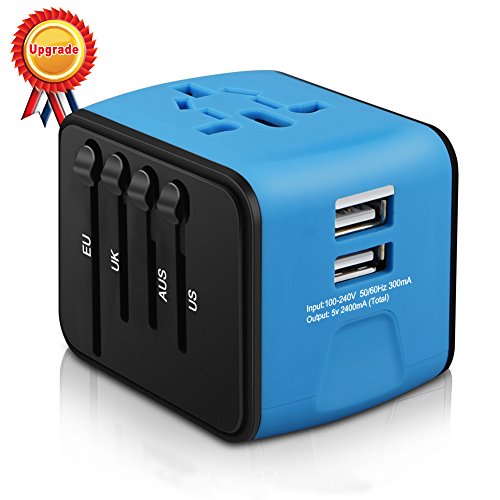 Product Cover HAOZI Universal Travel Adapter, All-in-one International Power Adapter with 2.4A Dual USB, European Adapter Travel Power Adapter Wall Charger for UK, EU, AU, Asia Covers 150+Countries (Blue)