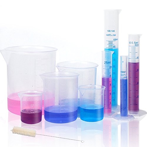 Product Cover APLANET 4 Transparent Plastic Graduated Cylinders, 10ml, 25ml, 50ml, 100ml, with 5 Plastic Beakers and 1 Test Tube Brush, Ideal for Home and School Science Lab