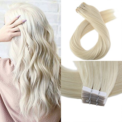 Product Cover Moresoo 18 Inch Skin Weft Adhesive Tape Remy Human Hair Extensions 40 Pieces 100 Grams Per Pack #60 Platinum Blonde Soft and Silky Natural Hair Glue in Real Hair Extensions