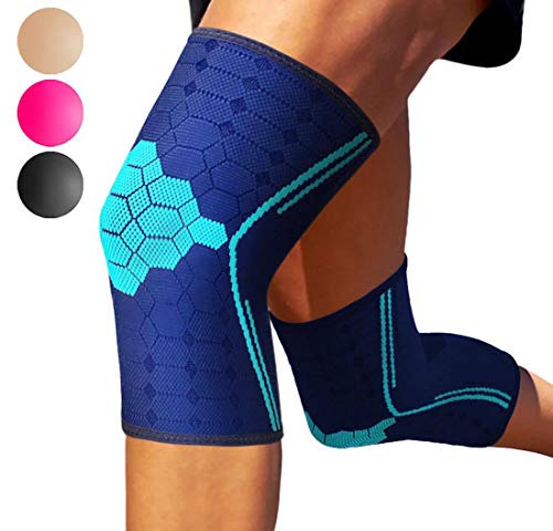 Product Cover Sparthos Knee Compression Sleeves (Pair) - Support Sports, Running, Joint, Knee Pain Relief - Knee Brace Men Women - Knee Sprains Strains Arthritis Ligament Injury Recovery (Blue-M)