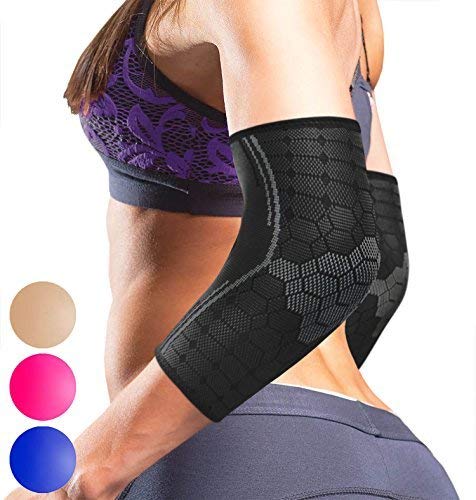 Product Cover Sparthos Elbow Compression Sleeve (Pair) - Tendonitis Elbow Brace Golfer's Tennis Elbow Support for Men and Women - Arthritis Bursitis Treatment Youth Kids Athletic Sport Basketball (Black-M)