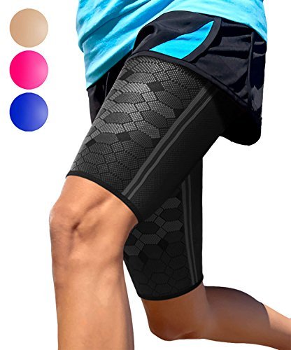 Product Cover Sparthos Thigh Compression Sleeves (Pair) - Upper Leg Sleeves for Men and Women Support for Improved Blood Circulation Quad and Hamstring Recovery Sports Running Tennis Workout Basketball (Black-L)