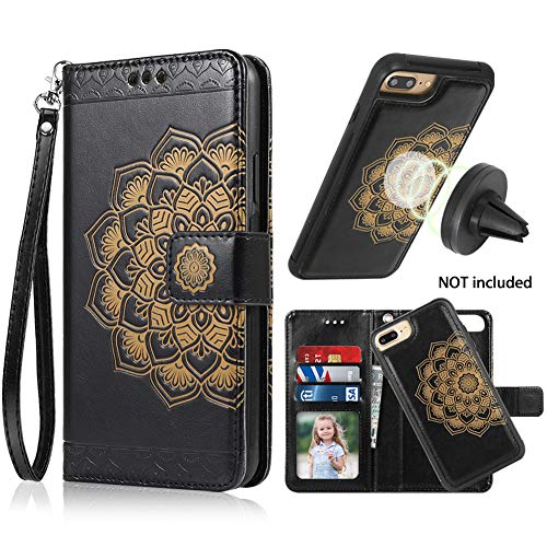 Product Cover iPhone 8 Plus Case,iPhone 7 Plus Flip Embossed Leather Wallet Cases with Protective Detachable Slim Case Fit Car Mount,CASEOWL Mandala Flower Design with Card Slots, Strap for iPhone 7/8 Plus[Black]