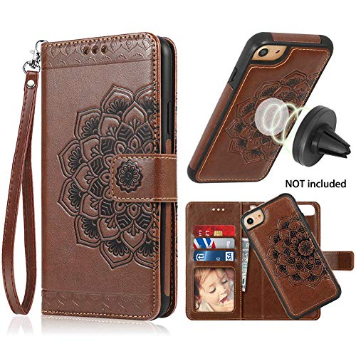 Product Cover iPhone 8 Case,iPhone 7 Wallet Cases with Detachable Slim Case Fit Magnetic Car Mount, Card Solts Holder, CASEOWL Embossed Mandala Pattern Flower Floral Vegan Leather Flip Wallet Case [Brown]