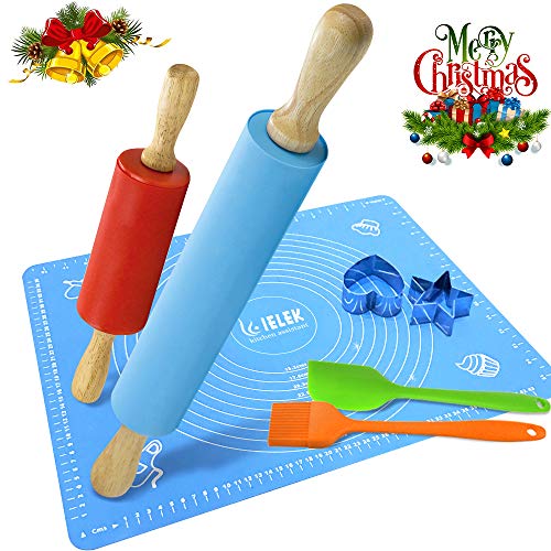 Product Cover Non-Stick Rolling Pin Silicone Basting Pastry Mat Spatula Brushes Set:Combo Kit of Large and Small Dough Rollers and 2 Stainless Steel Cookie Cutters for Baking