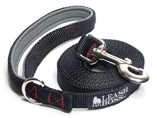 Product Cover Leashboss 15 Foot Dog Leash - 3/4 Inch Nylon with Padded Handle - Training, Walking, Camping Lead for Medium and Large Dogs (15 Foot, Black, 3/4 in)