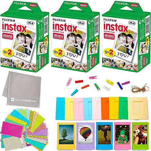 Product Cover Fujifilm Instax Mini Instant Film (3 Twin Packs, 60 Total Pictures) + 60 Sticker Frames + 5 Plastic Desk Frames + 10 Paper Frames + Micro-Fiber Cleaning Cloth