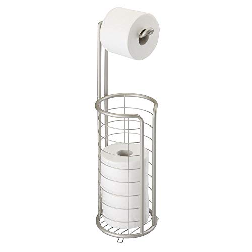 Product Cover mDesign Modern Metal Freestanding Toilet Paper Roll Holder Stand and Dispenser with Storage for 3 Rolls of Reserve Toilet Tissue - for Bathroom Storage Organizing - Holds Mega Rolls - Satin