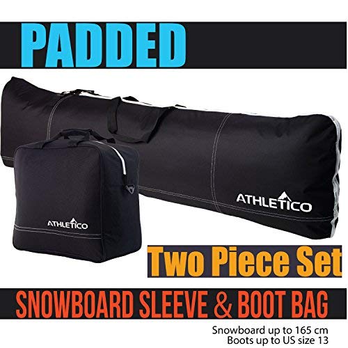 Product Cover Athletico Padded Two-Piece Snowboard and Boot Bag Combo | Store & Transport Snowboard Up to 165 cm and Boots Up to Size 13 | Includes 1 Padded Snowboard Bag & 1 Padded Boot Bag (Black)