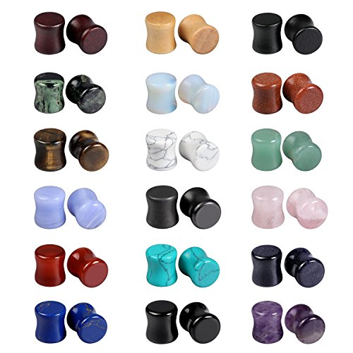 Product Cover Evevil Mixed Stone Wood Double Flared Plugs Saddle Plug Ear Tunnels Expander Gauges Plugs Stretcher (18 Pairs,0g,8mm)