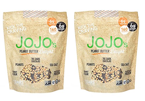 Product Cover JOJO's Guilt Free Peanut Butter Delight Dark Chocolate | 14 - 1.2 oz Bars | Keto, Vegan and Paleo Friendly, Non GMO Gluten Free Healthy Snacks, Low Sugar Chocolate with Plant Based Protein | 2 Bags