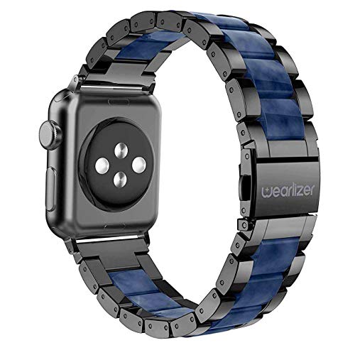 Product Cover Wearlizer Black Blue Bands Compatible with Apple Watch Straps 42mm 44mm for iWatch Mens Womens Wristband Lightweight Stainless Steel Edge with Central Resin Replacement Strap Bracelet Series 5 4 3 2 1