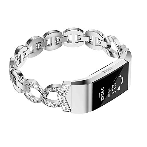 Product Cover Wearlizer Compatible for with Charge 2 Bands Metal Replacement Charge hr 2 Bands/Assesories/Strap Adjustable for Bands Charge 2 Bling Style Silver