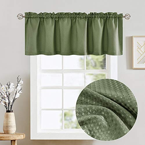Product Cover Olive Waffle Weave Cafe Sage Green Curtains Waterproof Kitchen Window Curtain Valance for Bathroom 1 Panel 60 Width 18 inch Length