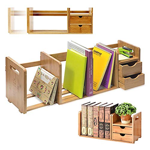Product Cover IDK Luxury Wooden Bamboo Desk Organizer with Two Drawers Three Expandable Book & File Shelves | Great for Home tabletop, Office Bookshelf, Accessories & Counter tables