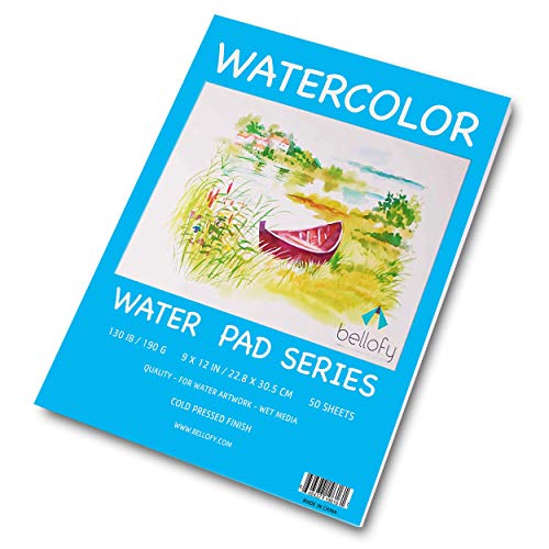 Product Cover Bellofy 50 Sheet Watercolor Paper Pad - 130 IB / 190 GSM Weight - 9x12 in Size - Cold Press Paper - Water Painting Art Notebook Pad
