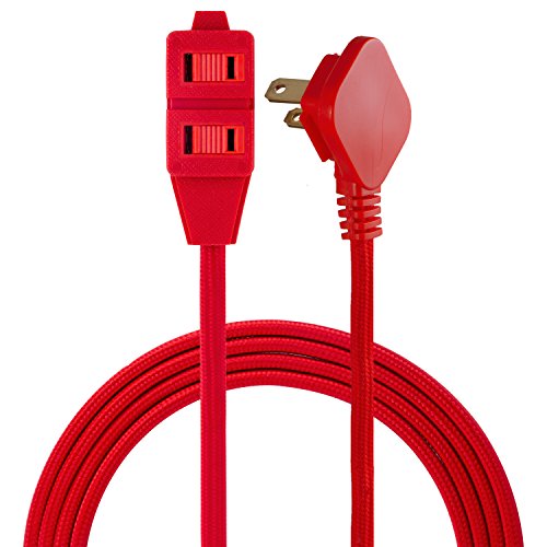 Product Cover Cordinate Designer 3-Outlet Extension Cord, 2 Prong Power Strip, Extra Long 8 Ft Cable with Flat Plug, Braided Chevron Fabric Cord, Slide-to-Lock Safety Outlets, Bright Red, 39985