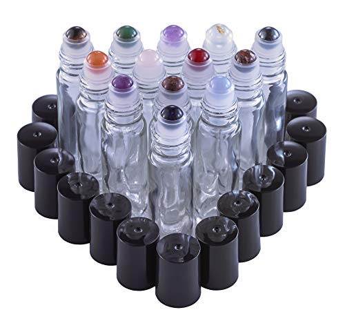 Product Cover Gemstone Roller Balls For Essential Oils - 13 Beautiful Glass Roller Bottles With Precious Gemstones and Crystals Tops - For Blending Including Tiger Eye, Rose Quartz, Amethyst