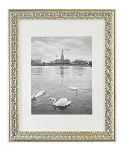 Product Cover Golden State Art, Ornate Finish Style, 11x14 Wall Picture Frame with White Mat for 8x10 Picture and Real Glass, 1.5-inch Wide, Color: Silver-Beige