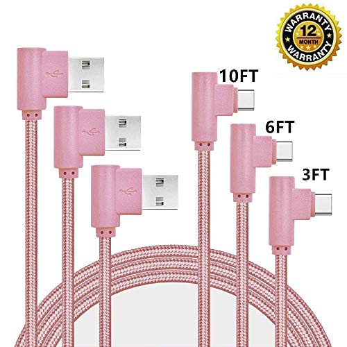 Product Cover USB Type C Cable, CTREEY 90 Degree 3 Pack 3ft 6ft 10ft Nylon Braided Long Cord USB Type A to C Charger for Macbook, LG G6 V20 G5,Google Pixel, Nexus 6P, Nintendo Switch, Samsung Galaxy S8+ (Rose Gold)