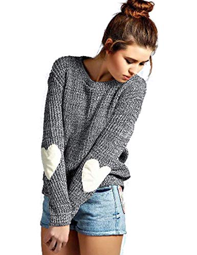 Product Cover shermie Crew Neck Womens Sweaters Cute Heart Pattern Patchwork Long Sleeve Knit Sweater Pullover Thin Grey S