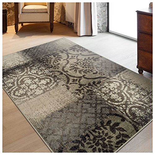 Product Cover Superior Bristol Collection Area Rug, 8mm Pile Height with Jute Backing, Chic Geometric Damask Patchwork Design, Fashionable and Affordable Woven Rugs - 5' x 8' Rug, Beige & Brown