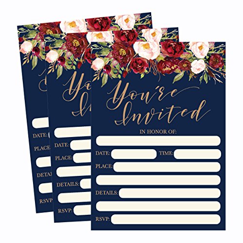 Product Cover 50 Floral Invitations, Fall Bridal or Baby Shower Invite, Birthday Invitation Wedding Rehearsal Dinner Invites, Autumn Engagement Bachelorette Reception Anniversary, Housewarming, Graduation, Sweet 16